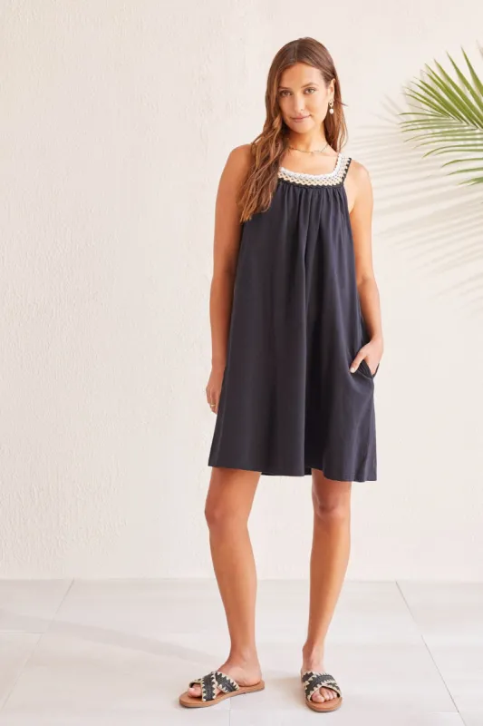 COTTON DRESS WITH CROCHET TRIM-Black sold by Tribal