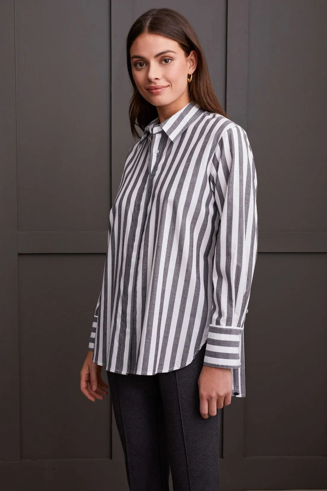 Long-Sleeve Button-Up Shirt With Back Pleats-Black sold by Tribal