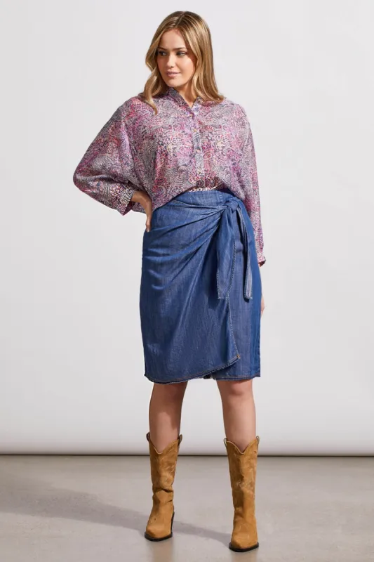 Faux Wrap Knee Length Tencel Skirt-Dk. Chambray sold by Tribal