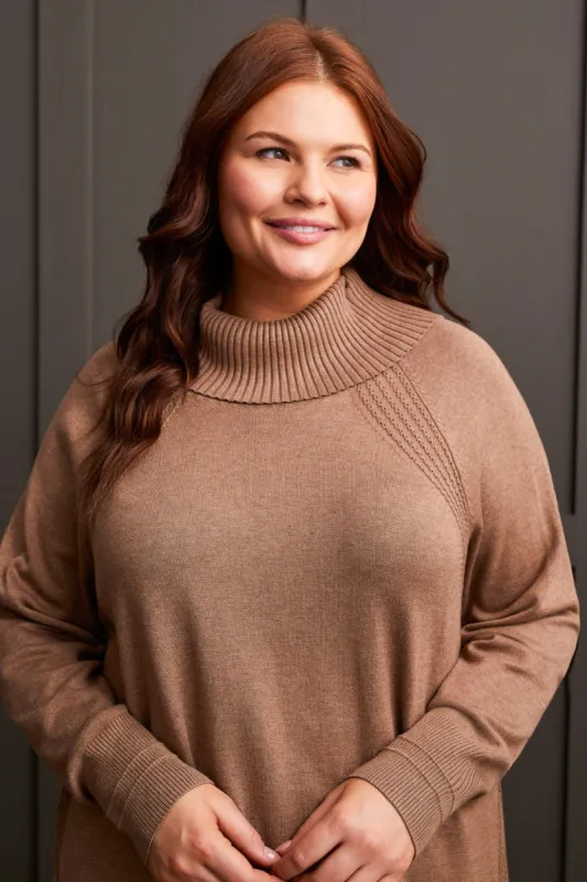 Raglan Sleeve Cowl Neck Sweater With Front Stitch Detail-Mocha sold by Tribal