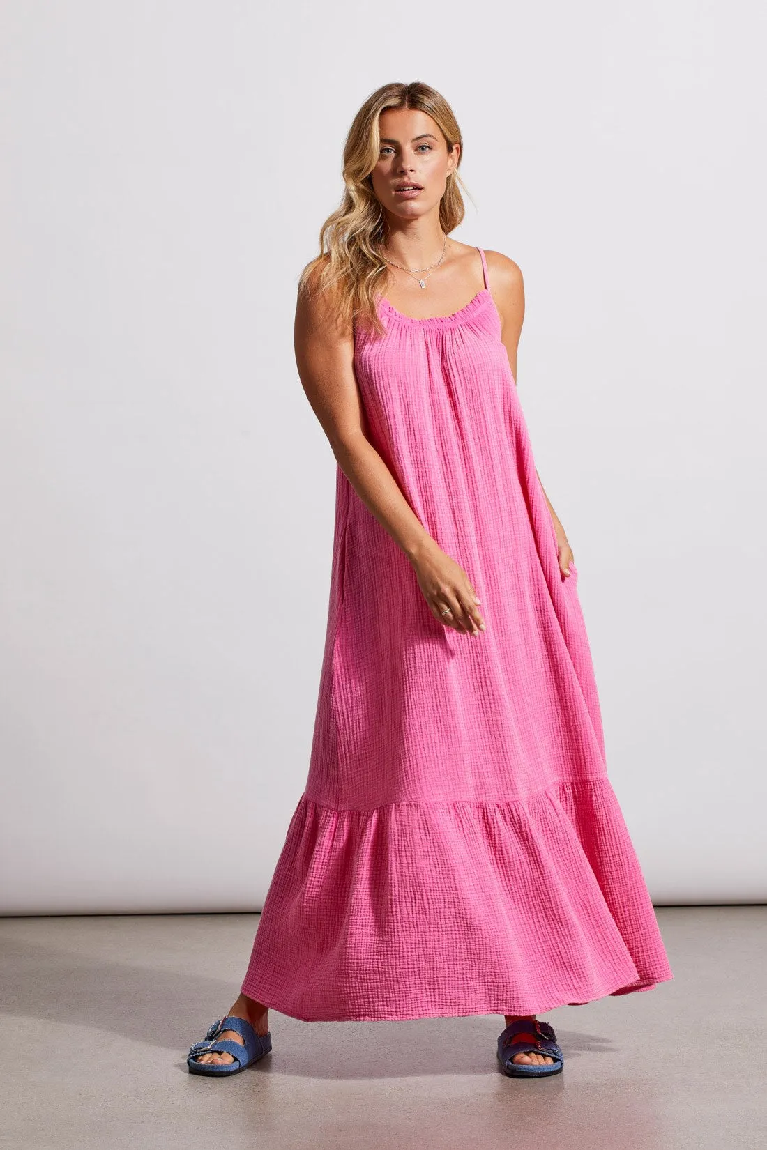 COTTON GAUZE MAXI DRESS WITH FRILLS AND POCKETS-W. hi pink sold by Tribal