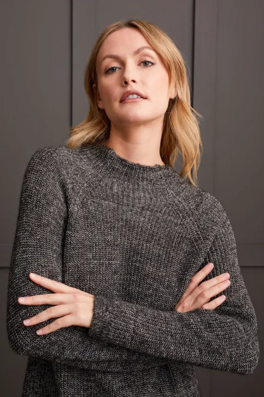 Mock Neck Heathered Knit Sweater With Side Slits-Black sold by Tribal