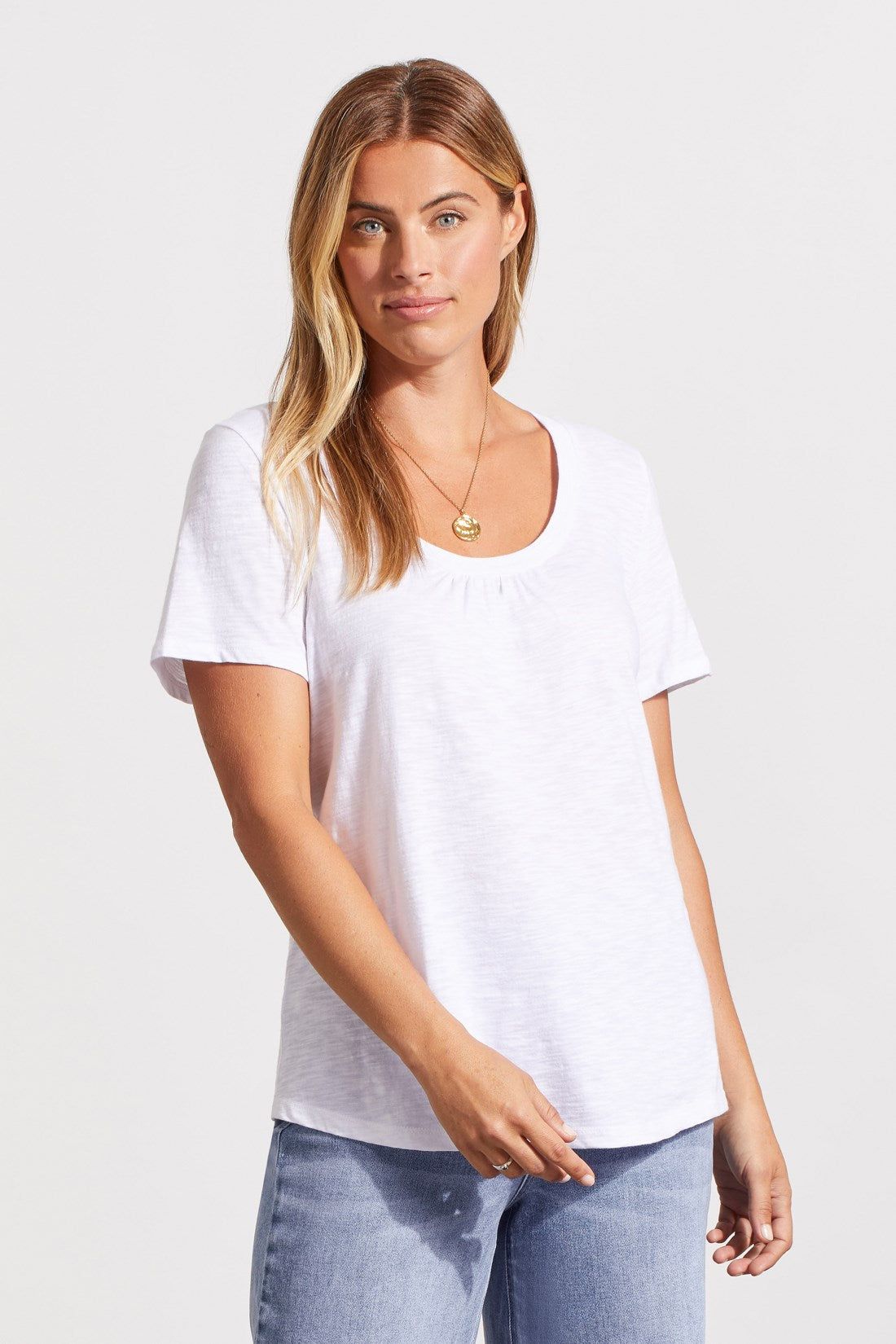 COTTON U-NECK TOP WITH SHIRRING-White sold by Tribal