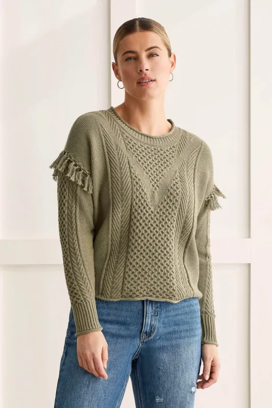 COTTON CABLE KNIT SWEATER WITH FRINGE DETAIL-H.forest sold by Tribal