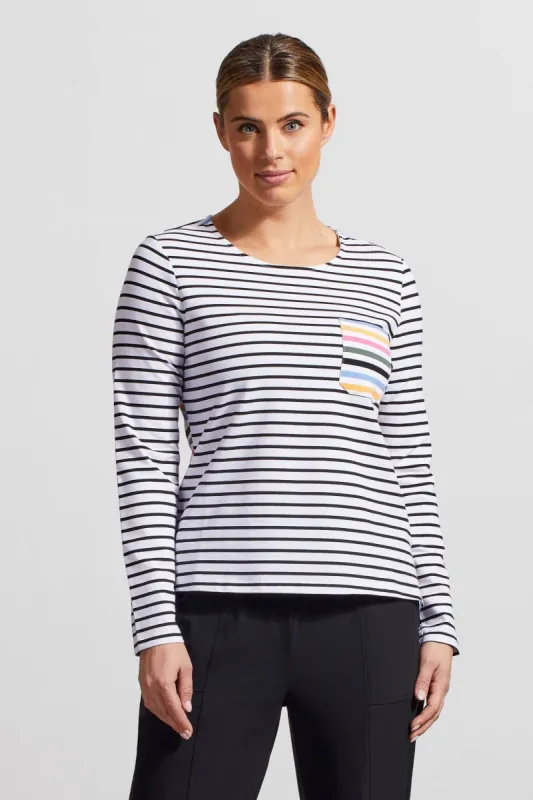 MULTICOLOR STRIPE CREW NECK TOP WITH POCKET-Camelia sold by Tribal