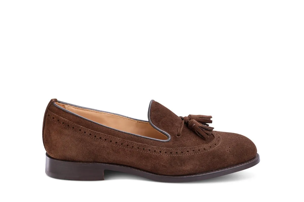 Leydon Tassel Loafer - Chocolate Repello Suede sold by Tricker's