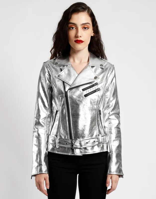 METALLIC FAUX LEATHER MOTO sold by Tripp nyc
