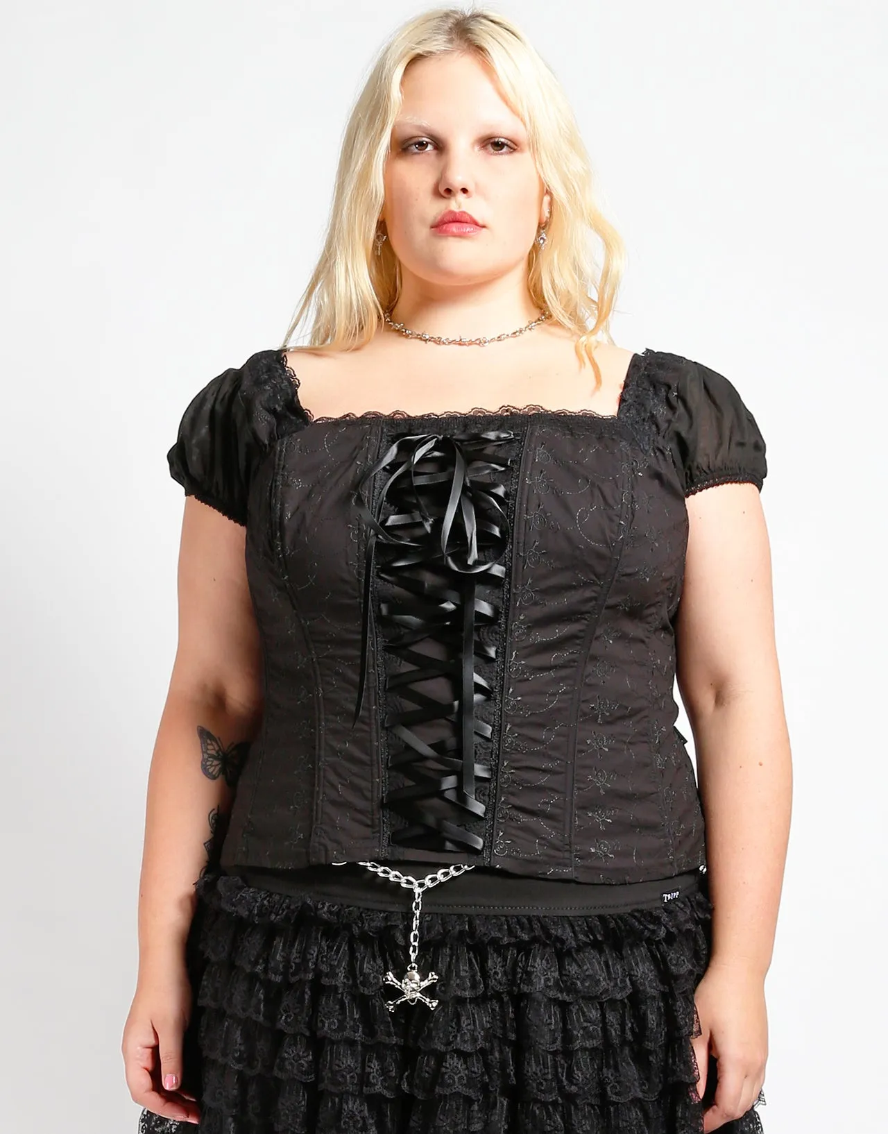CURVE CAP SLEEVE SKULL EMBROIDERY CORSET sold by Tripp nyc