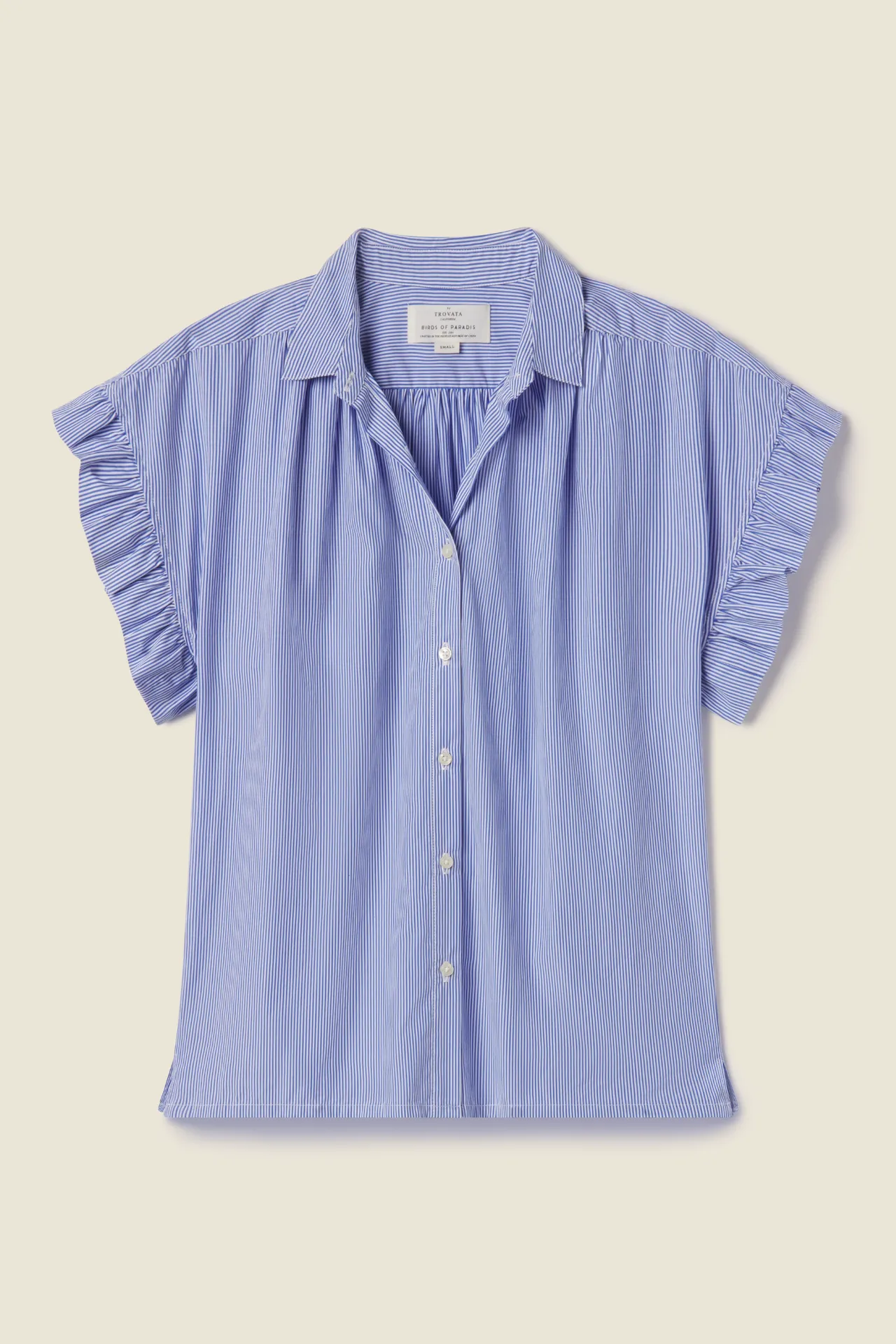 Marianne B Ruffle Sleeve Shirt Blue/White Stripe sold by Trovata
