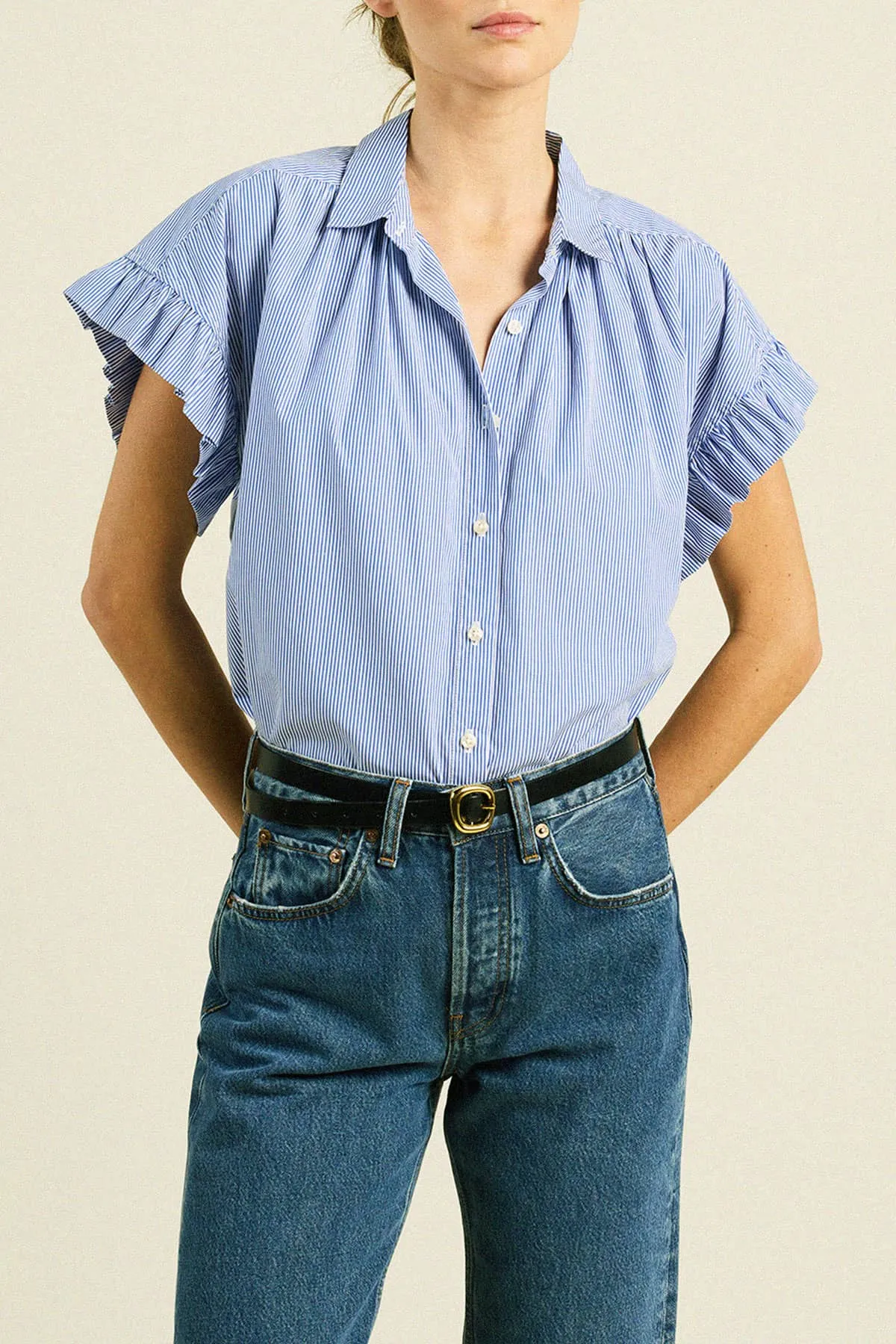 Marianne B Ruffle Sleeve Shirt Blue/White Stripe sold by Trovata product image thumbnail 2