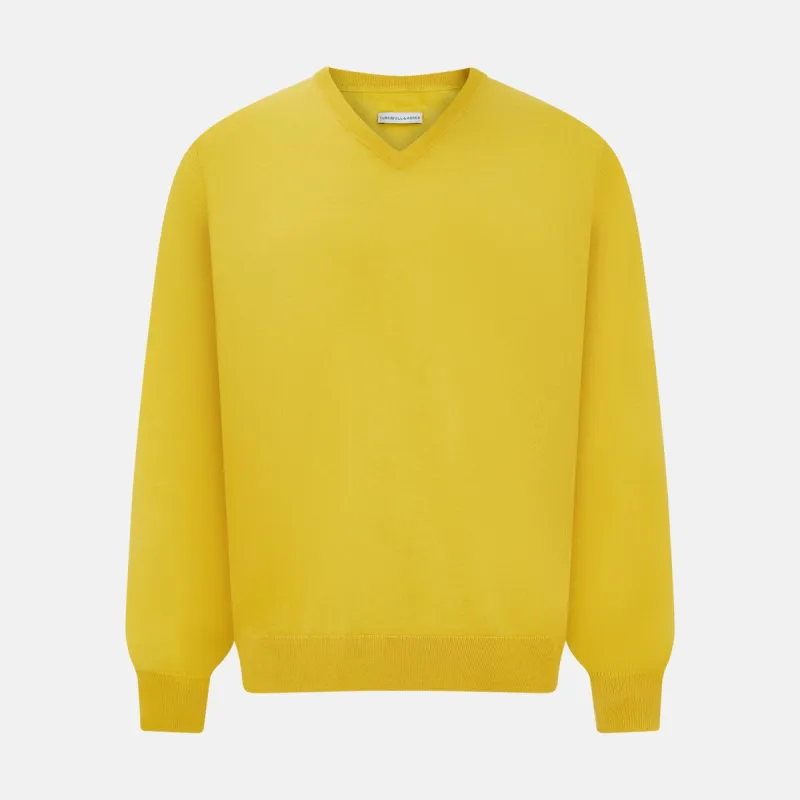 Canary Yellow Fine Merino V-Neck Jumper sold by Turnbull & Asser
