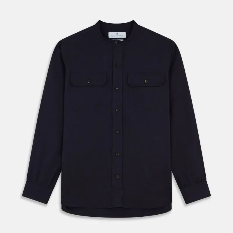 Navy Military Weekend Fit Cotton & Wool Shirt with Stand Collar and 1 Button Cuffs sold by Turnbull & Asser