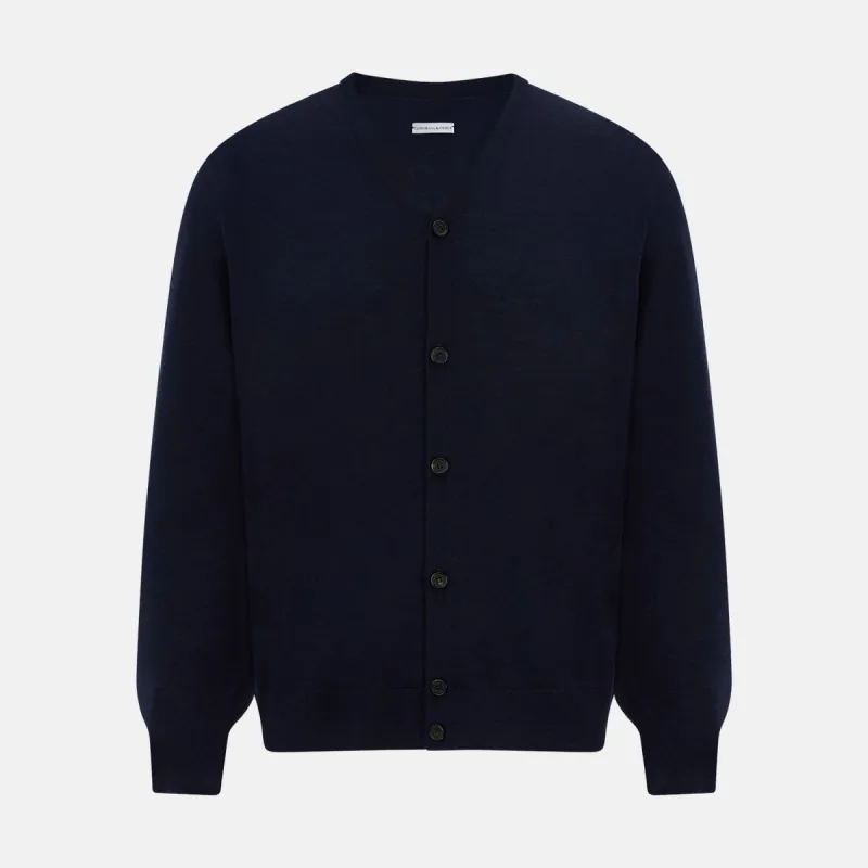 Navy Fine Merino V-Neck Cardigan sold by Turnbull & Asser