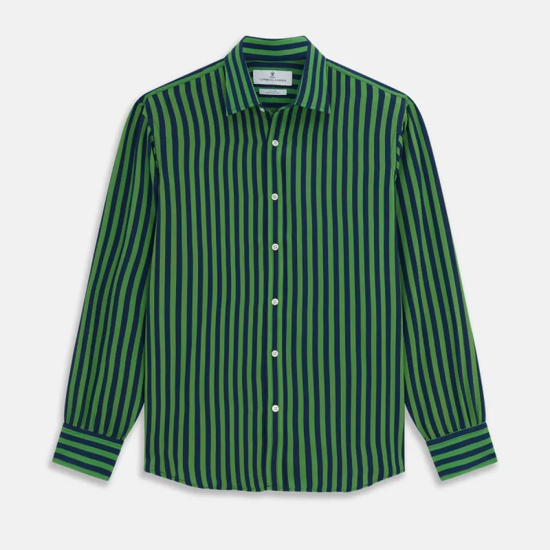 Green and Navy Candy Stripe Silk Weekend Fit Harold Shirt sold by Turnbull & Asser