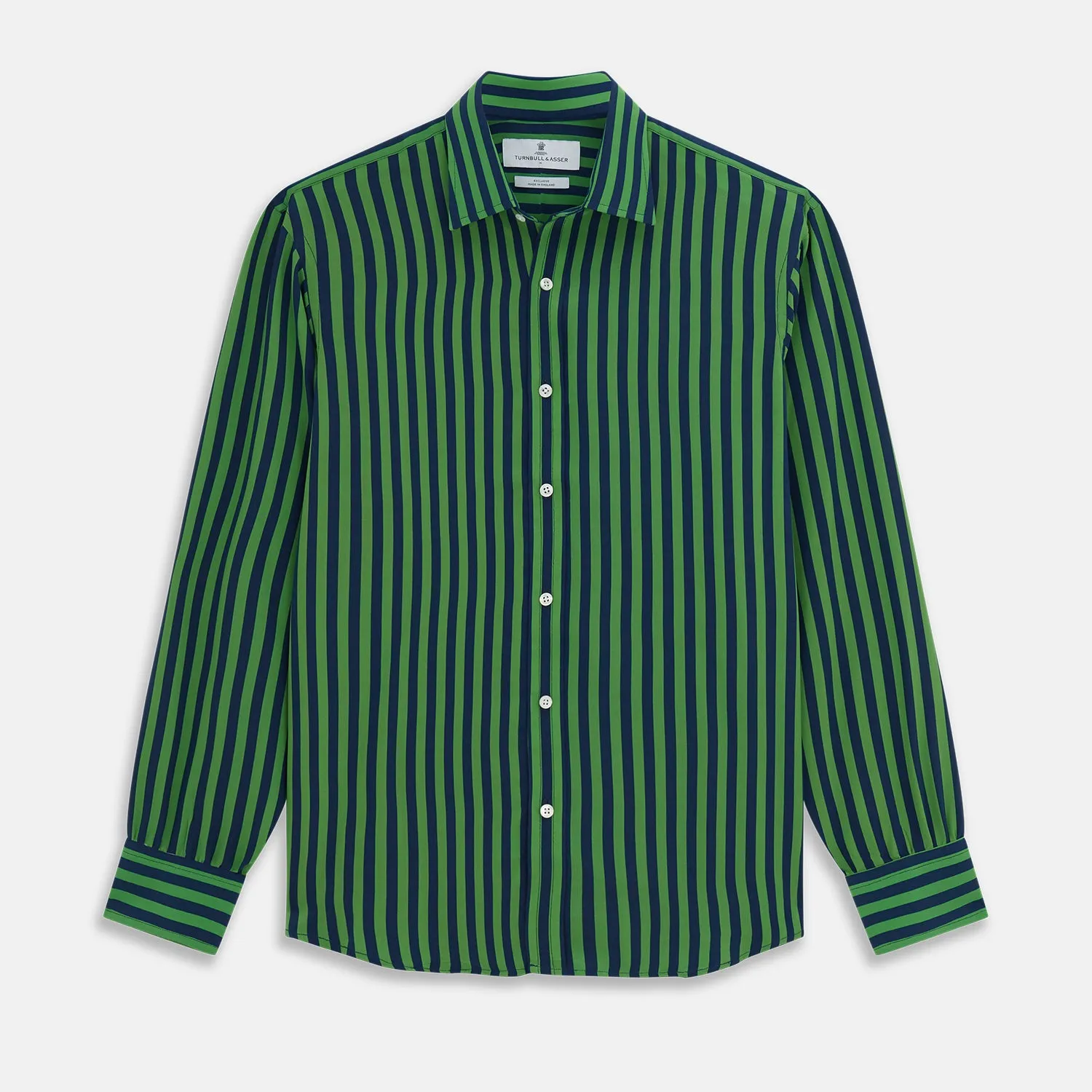 Green and Navy Candy Stripe Silk Weekend Fit Harold Shirt sold by Turnbull & Asser