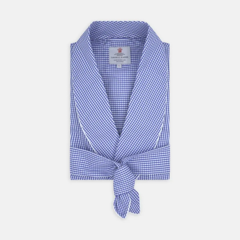 Mid Blue Gingham Check Piped Cotton Gown sold by Turnbull & Asser