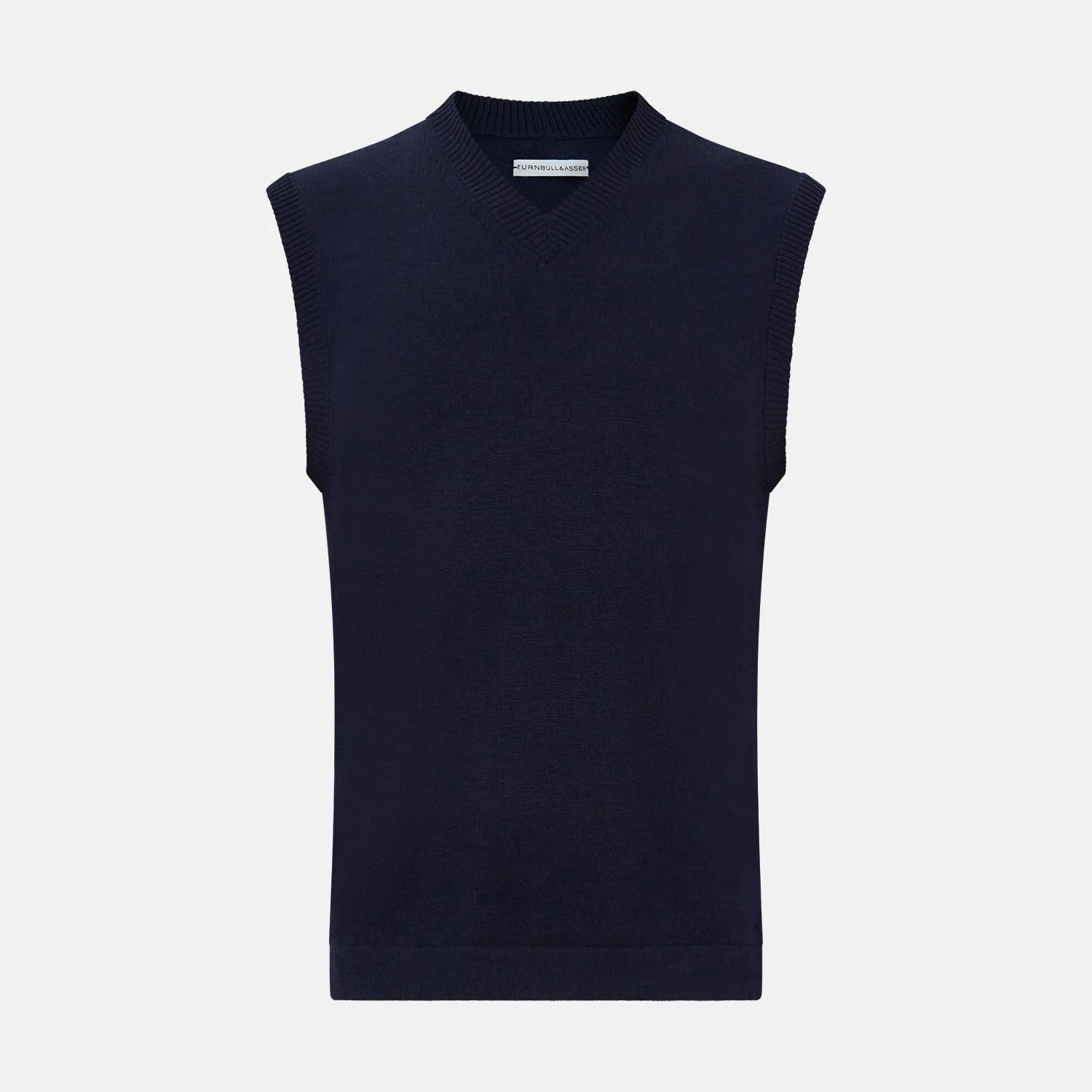 Navy Fine Merino V-Neck Vest sold by Turnbull & Asser