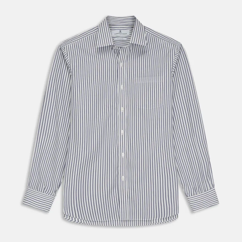Navy Stripe Weekend Fit Shirt with Derby Collar and 1-Button Cuffs sold by Turnbull & Asser