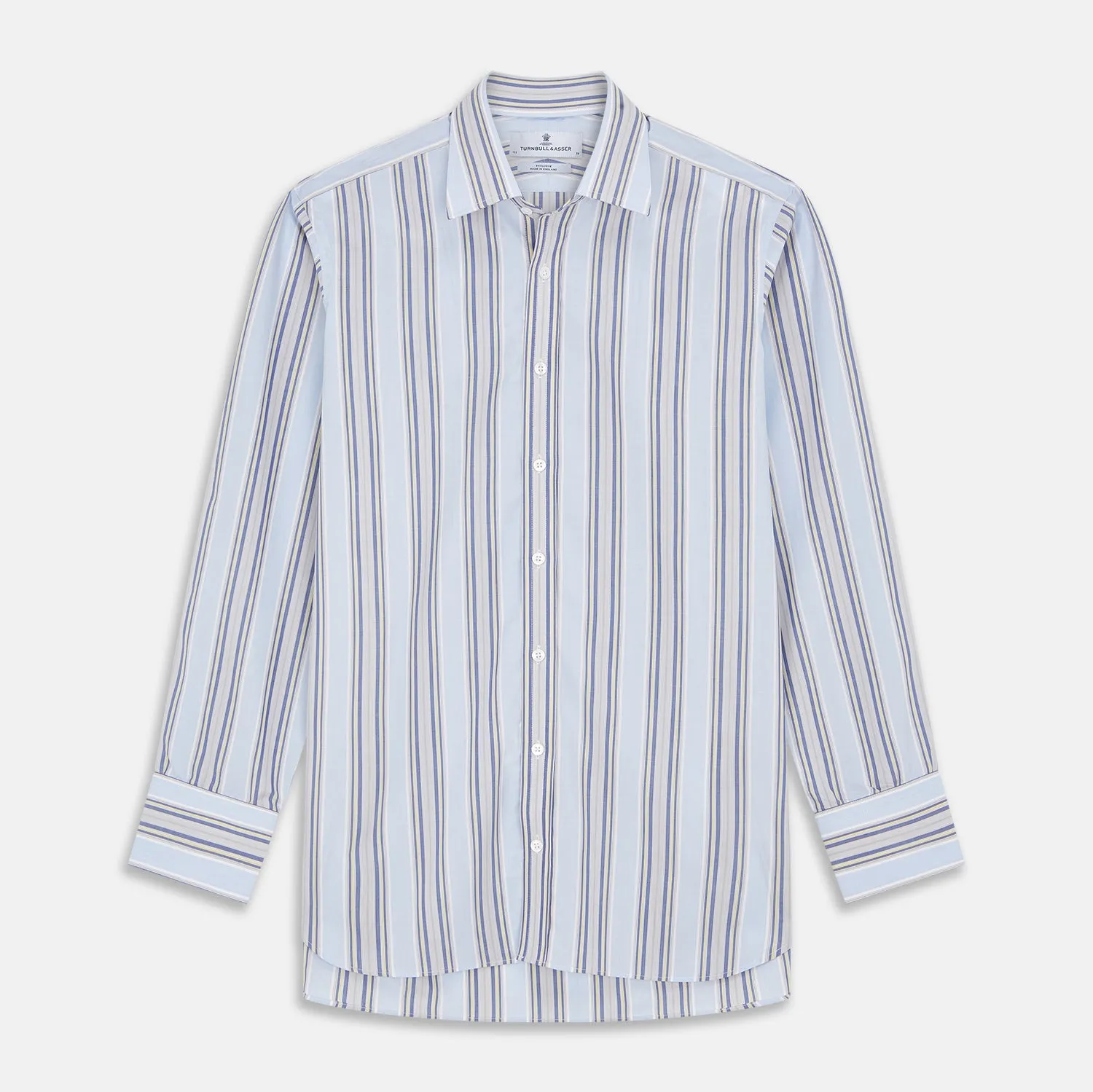 Pale Blue and Yellow Stripe Cotton Regular Fit Mayfair Shirt sold by Turnbull & Asser