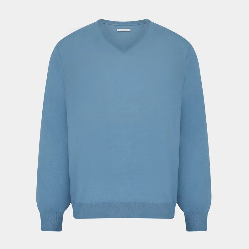 Pale Blue Fine Merino V-Neck Jumper sold by Turnbull & Asser