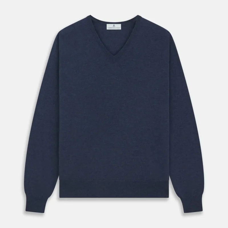 Blue V-Neck Merino Wool Jumper sold by Turnbull & Asser