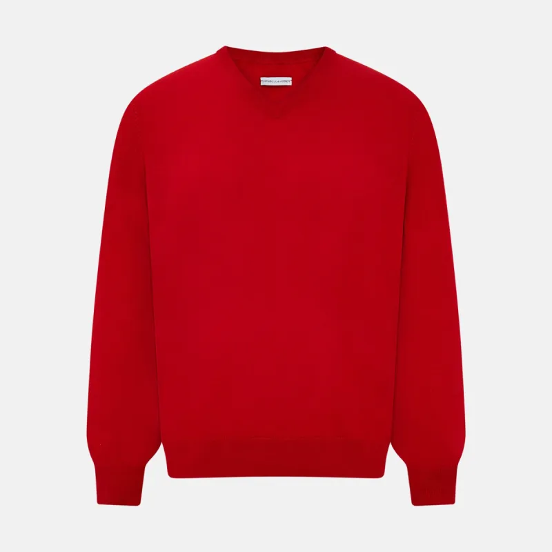 Red Fine Merino V-Neck Jumper sold by Turnbull & Asser