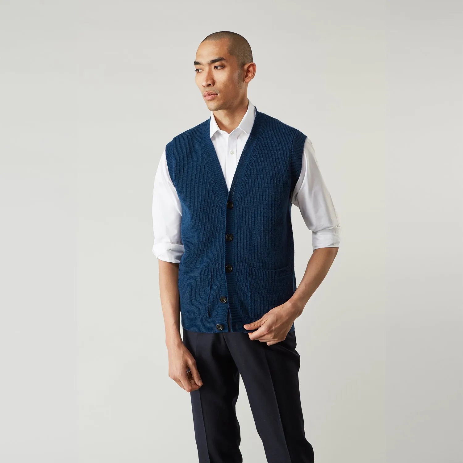 Navy Sleeveless Cashmere Cardigan sold by Turnbull & Asser