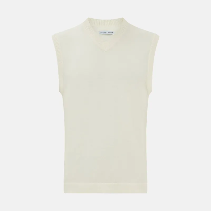 Ecru Fine Merino V-Neck Vest sold by Turnbull & Asser