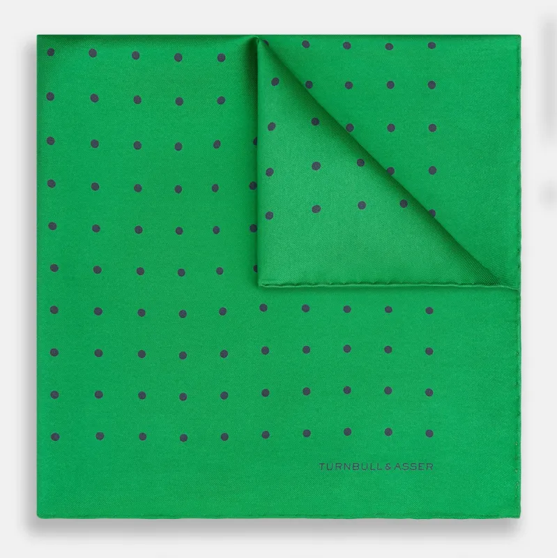 Green and Navy Spot Silk Pocket Square sold by Turnbull & Asser