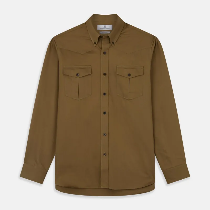 Khaki Cotton Weekend Fit Western Shirt with Dorset Collar sold by Turnbull & Asser