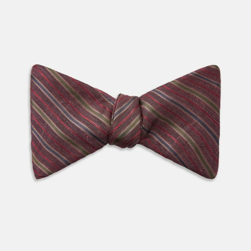 Claret and Green Multi Stripe Silk and Linen Bow Tie sold by Turnbull & Asser