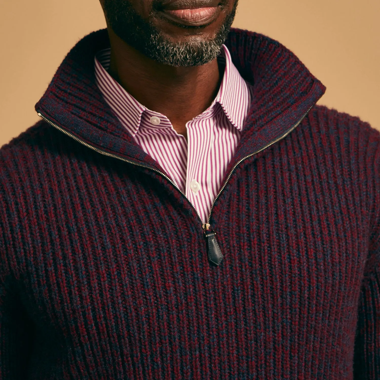 Burgundy Mullion Half Zip Rib Cashmere Jumper sold by Turnbull & Asser product image thumbnail 4