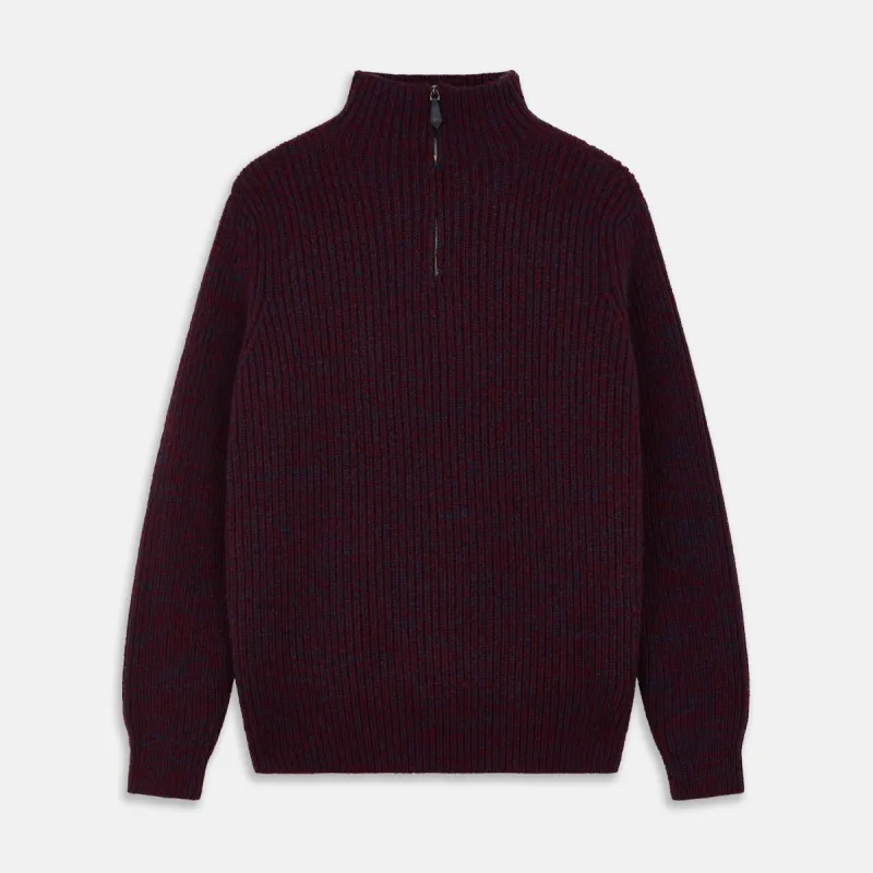 Burgundy Mullion Half Zip Rib Cashmere Jumper sold by Turnbull & Asser