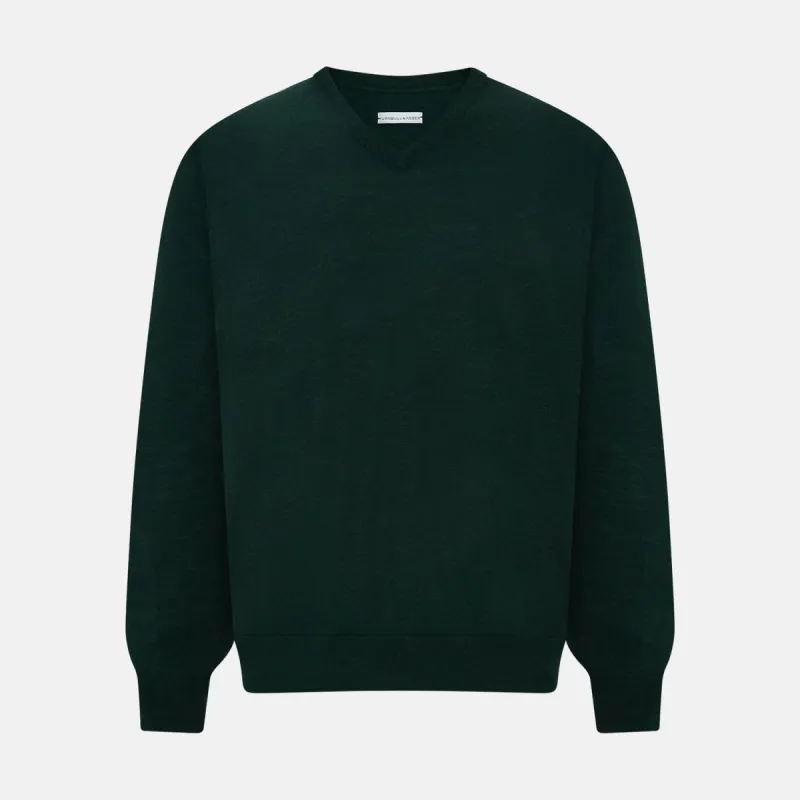 Forest Green Fine Merino V-Neck Jumper sold by Turnbull & Asser