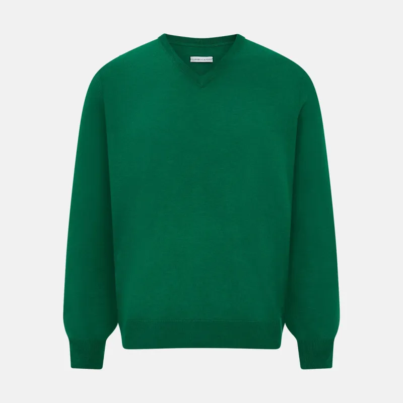 Hunter Green Fine Merino V-Neck Jumper sold by Turnbull & Asser
