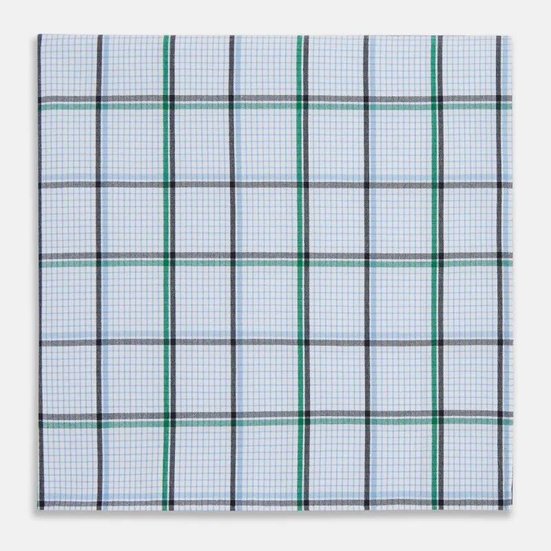 Hand Rolled Blue and Green Tattersall Check Handkerchief sold by Turnbull & Asser