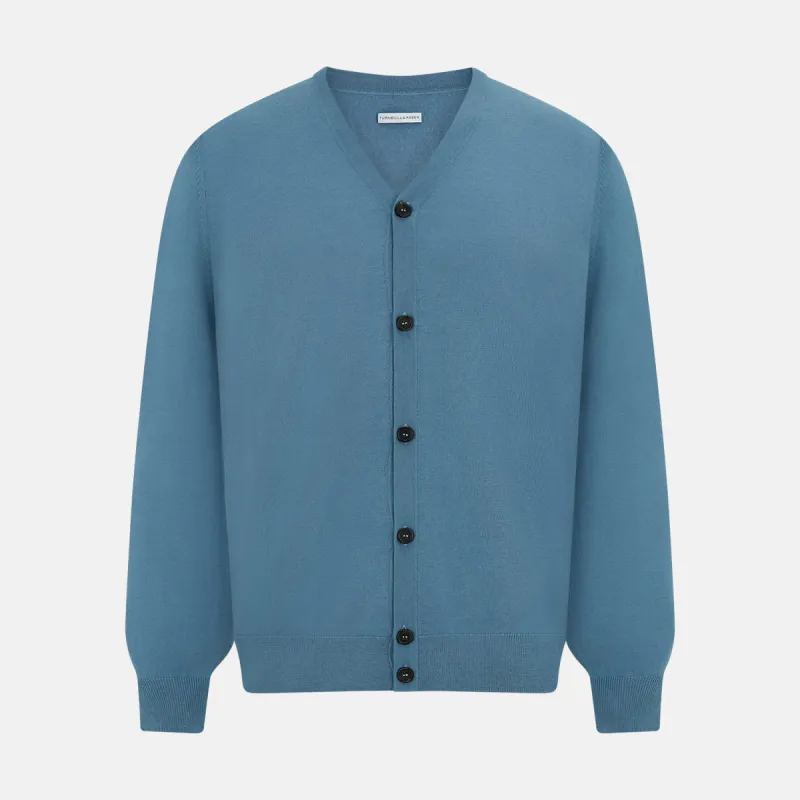 Pale Blue Fine Merino V-Neck Cardigan sold by Turnbull & Asser