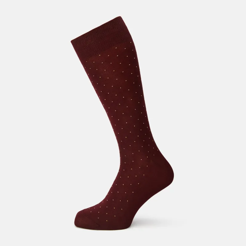 Burgundy and Gold Polka Dot Cotton Mid-length Socks sold by Turnbull & Asser