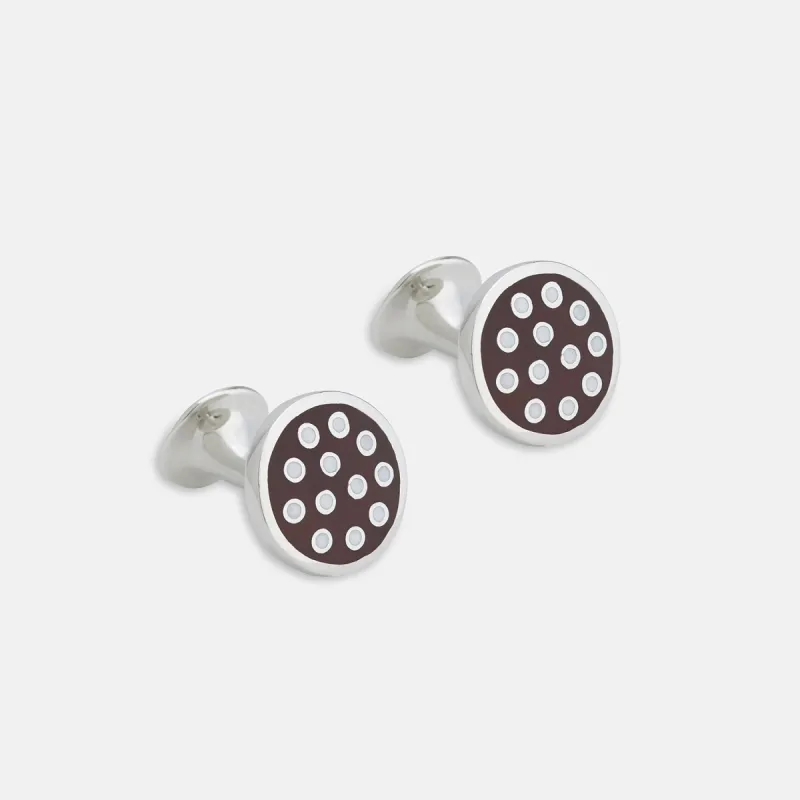 Spotted Burgundy and White Sterling Silver Enamelled Cufflinks sold by Turnbull & Asser
