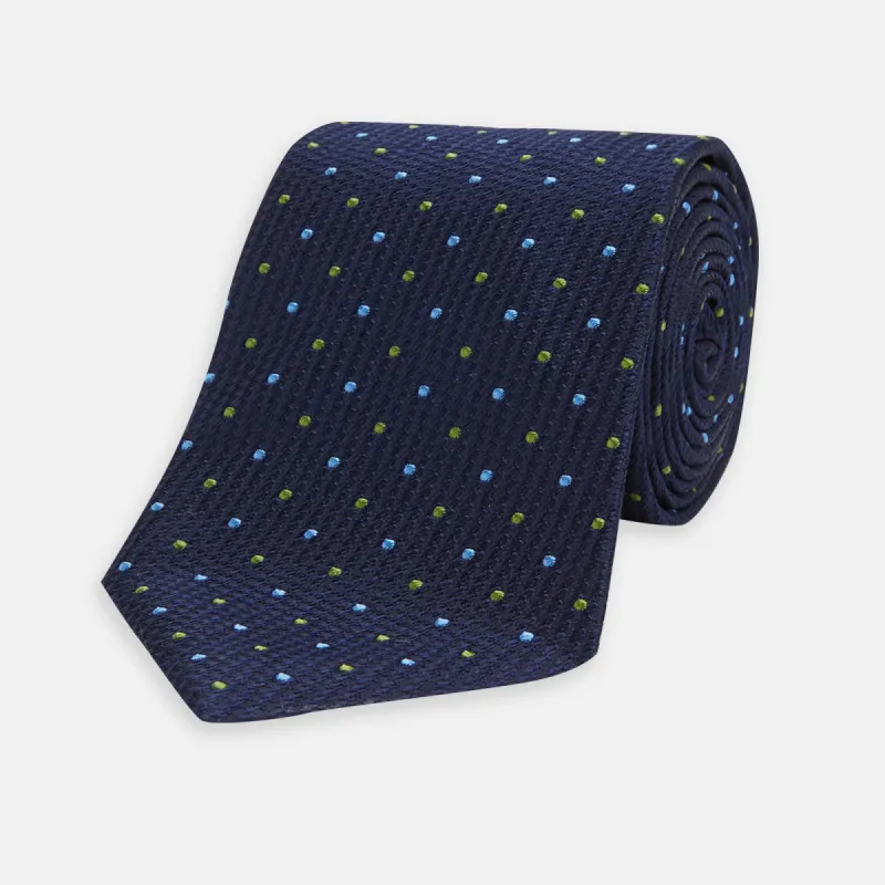 Navy, Blue & Green Spot Lace Silk Tie sold by Turnbull & Asser