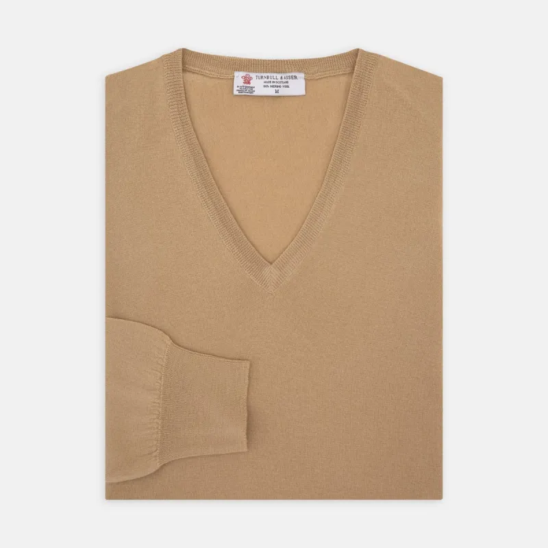 Camel  V-Neck Merino Wool Jumper sold by Turnbull & Asser