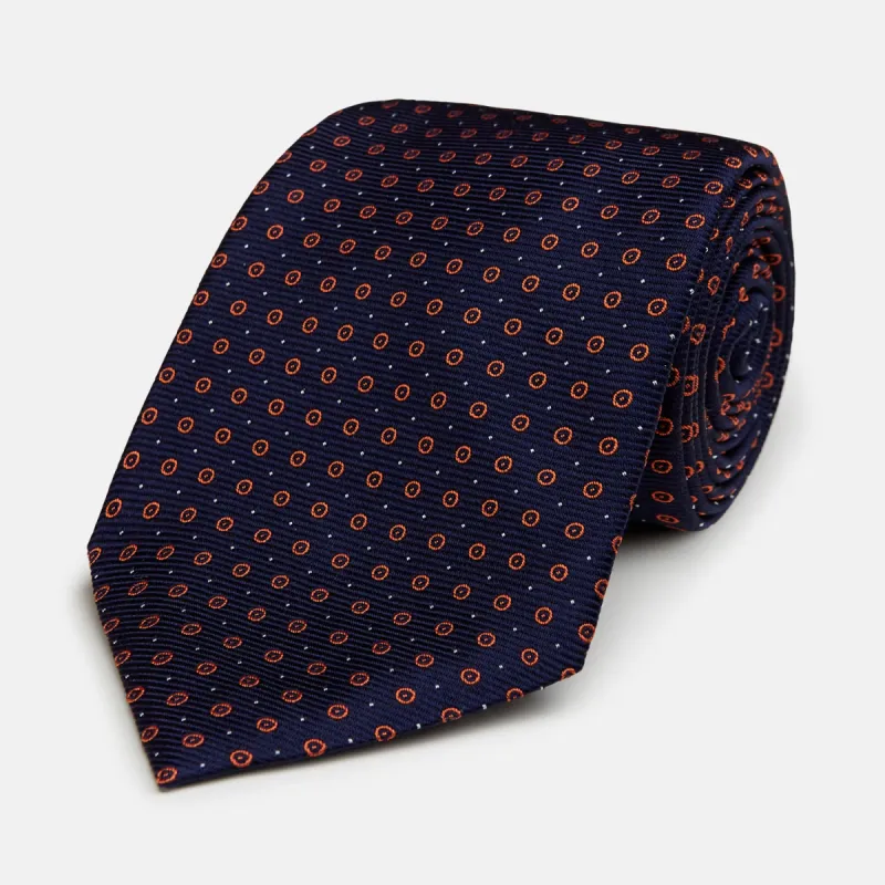 Navy and Orange Circle Silk Tie sold by Turnbull & Asser