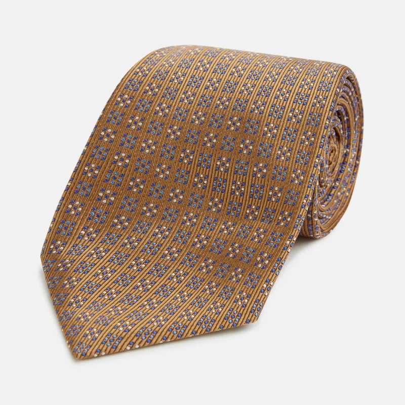 Tan and Blue Multi Dot Silk Tie sold by Turnbull & Asser