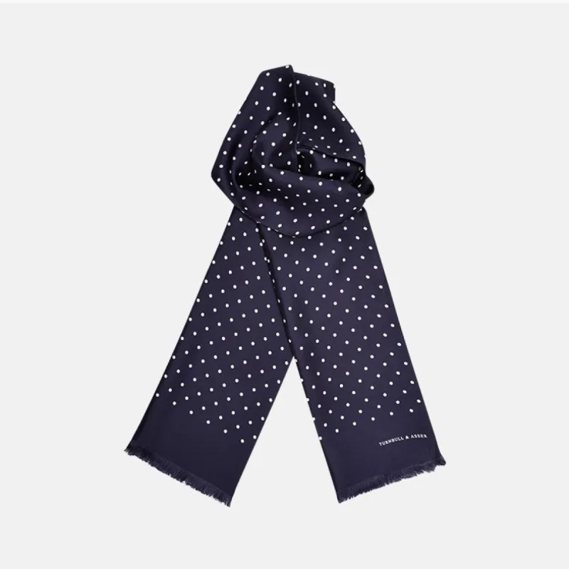 Navy and White Spotted Silk Scarf sold by Turnbull & Asser