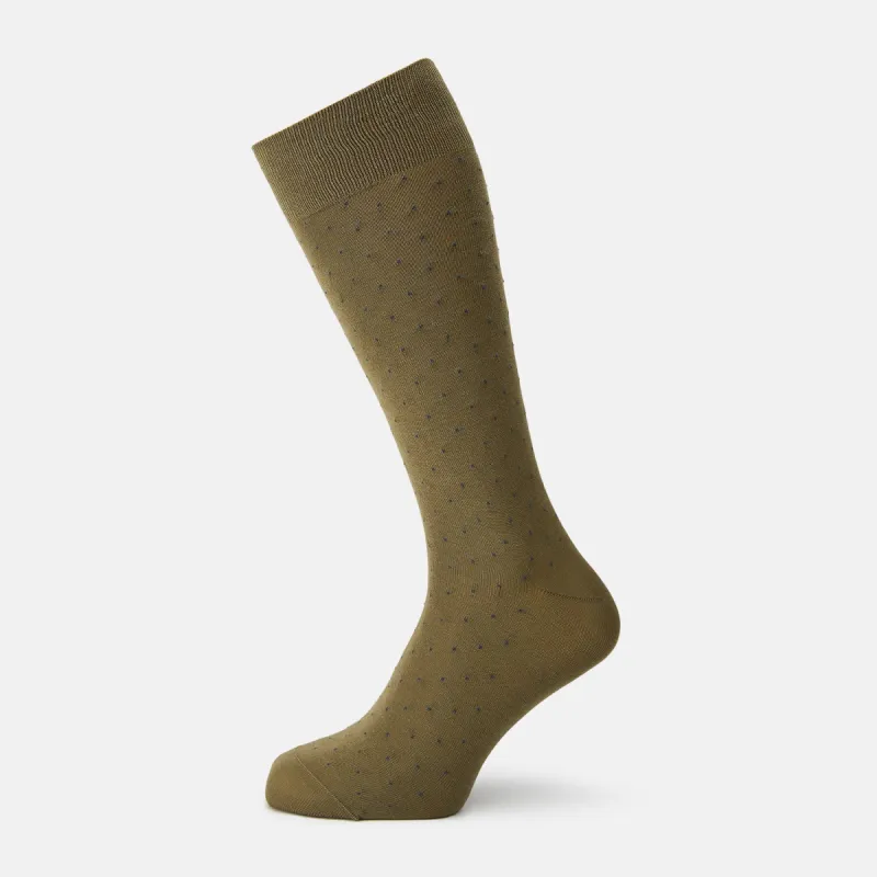 Khaki and Navy Polka Dot Cotton Mid-length Socks sold by Turnbull & Asser
