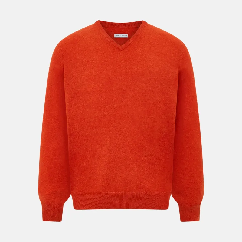 Red Orange Cashmere V-neck Jumper sold by Turnbull & Asser