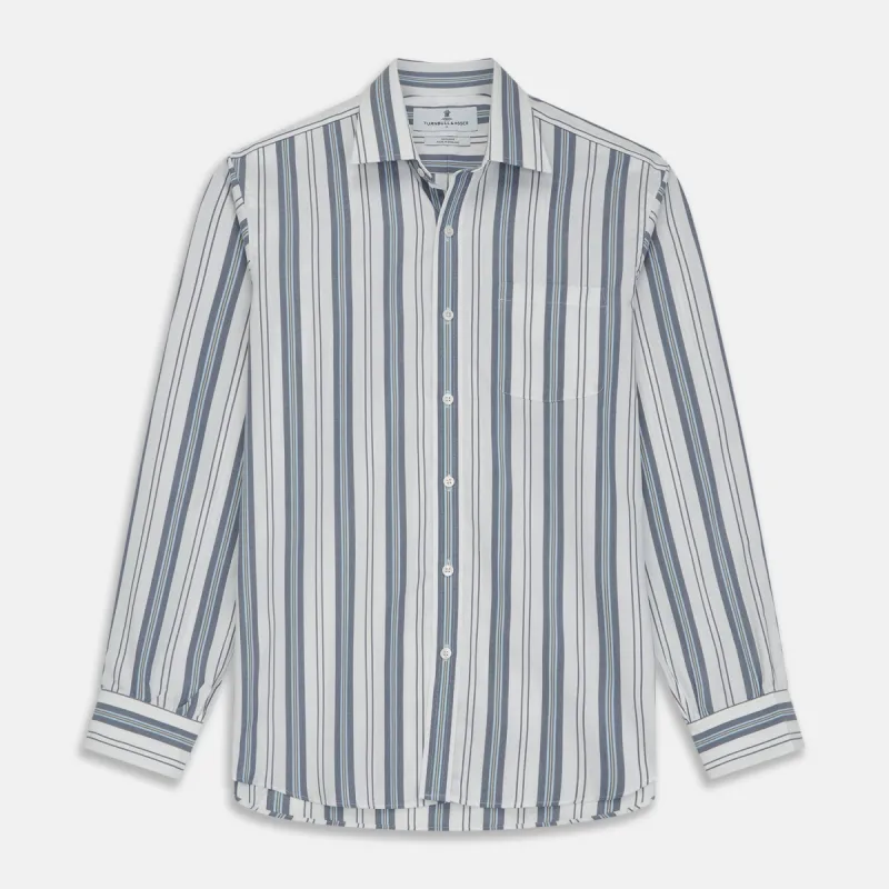 Blue, Green & White Stripe Weekend Fit Shirt with Derby Collar & 1-Button Cuffs sold by Turnbull & Asser