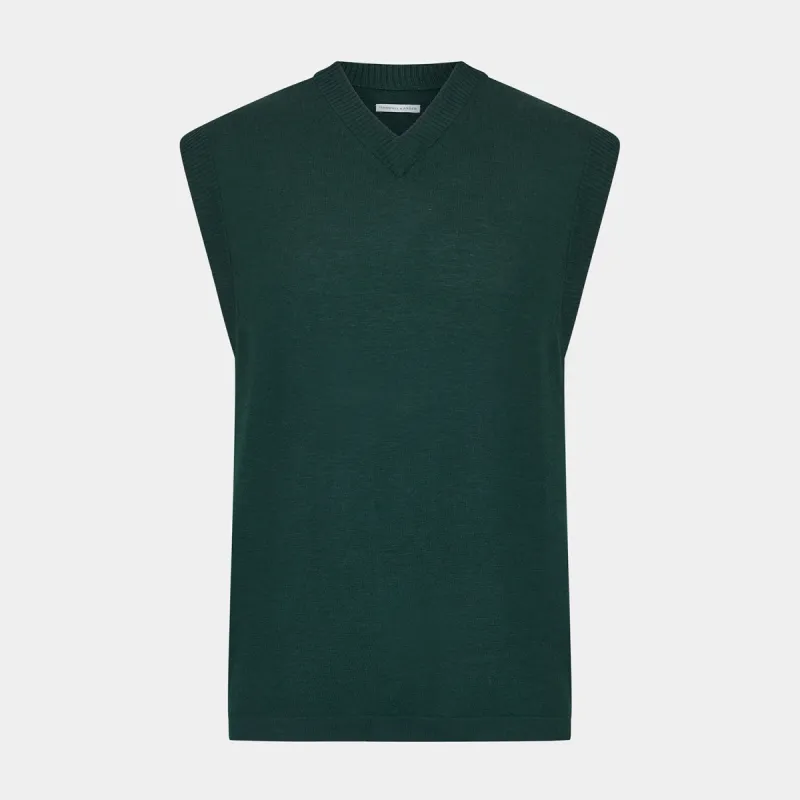 Petrol Green Fine Merino V-Neck Vest sold by Turnbull & Asser