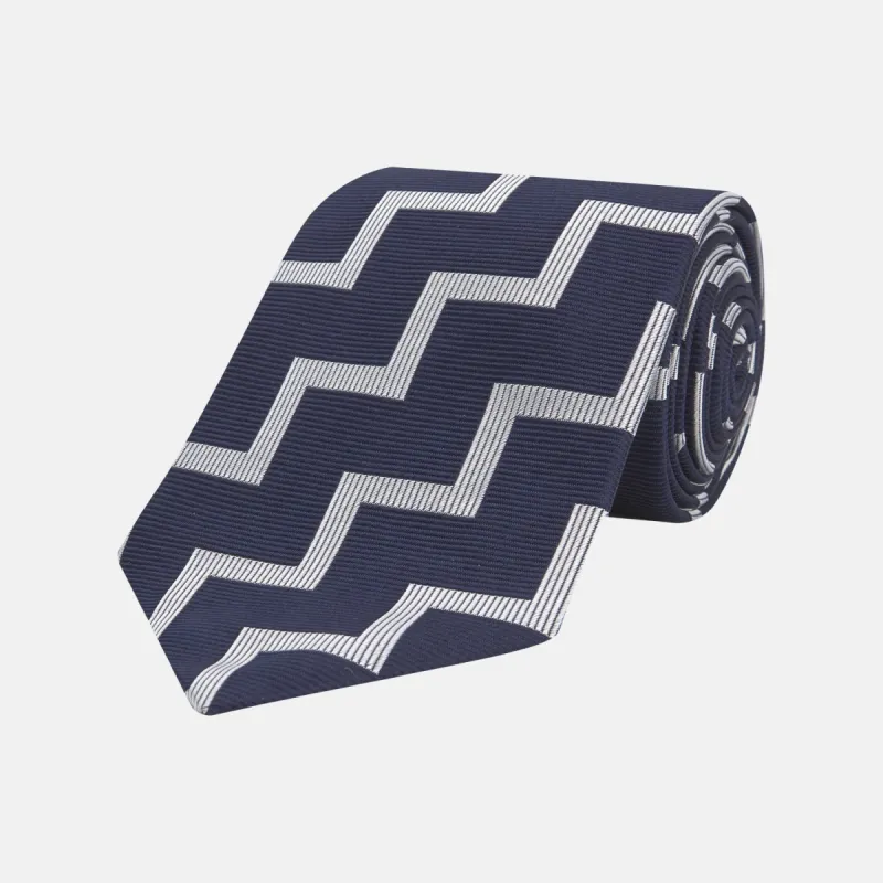 Navy and White Striped Zigzag Silk Tie sold by Turnbull & Asser