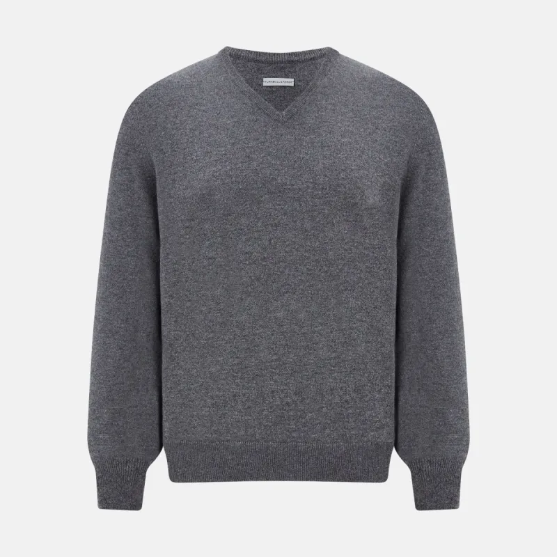 Storm Grey Cashmere V-neck Jumper sold by Turnbull & Asser